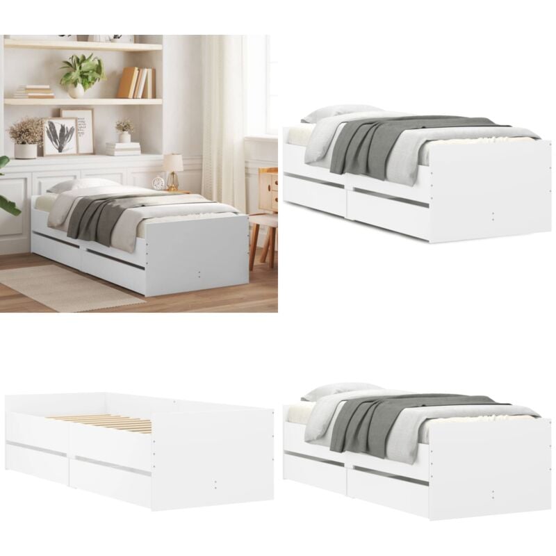 Bett mit Schubladen Weiß 75x190 cm - Bettsofa - Holzbettrahmen - Einzelbett - Weißes Bett - Schrankbett - Home & Living