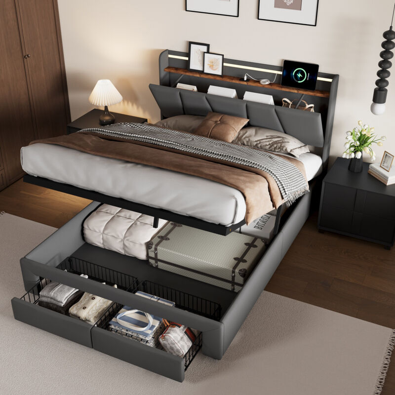 Bett mit Stauraum 140x190 cm – Erwachsenenbett mit 2 Schubladen unter dem Bett – LED – USB-Ladeanschluss – versteckter Stauraum – Lattenrost – Bett