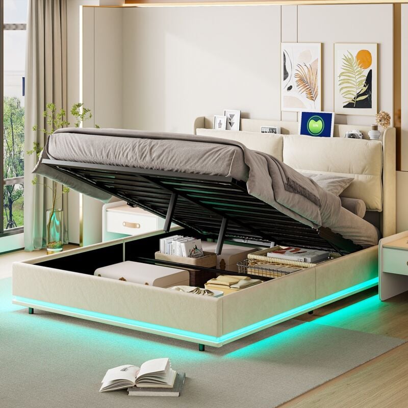 Bett mit Stauraum 140x190 cm mit LED-Beleuchtung unter dem Bett – Samt – Lattenrost – gepolstertes hydraulisches Bett – für Erwachsene und