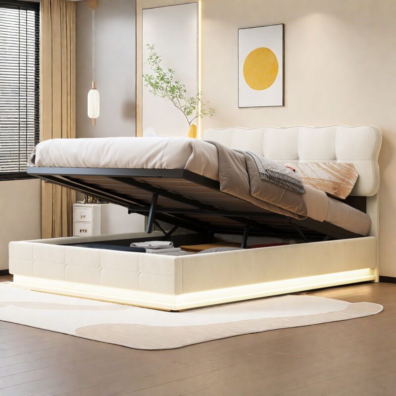 Bett mit Stauraum 140x190 cm mit Wolkenkopfteil – LED-Streifen unter dem Bett – Samt – Lattenrost – gepolstertes Bett mit hydraulischer Hebefunktion