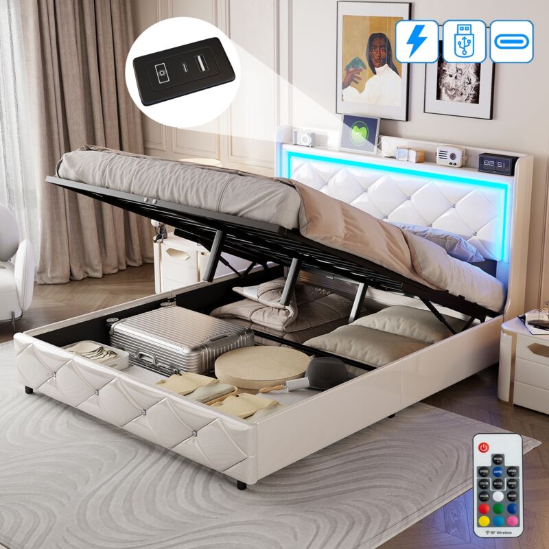 Bett mit Stauraum 140x200 cm, 2 Plätze, mit LED, USB, künstlichen Kristallknöpfen, Stauraum, Holzlattenrost, Metallrahmen, gepolstertes Bett aus