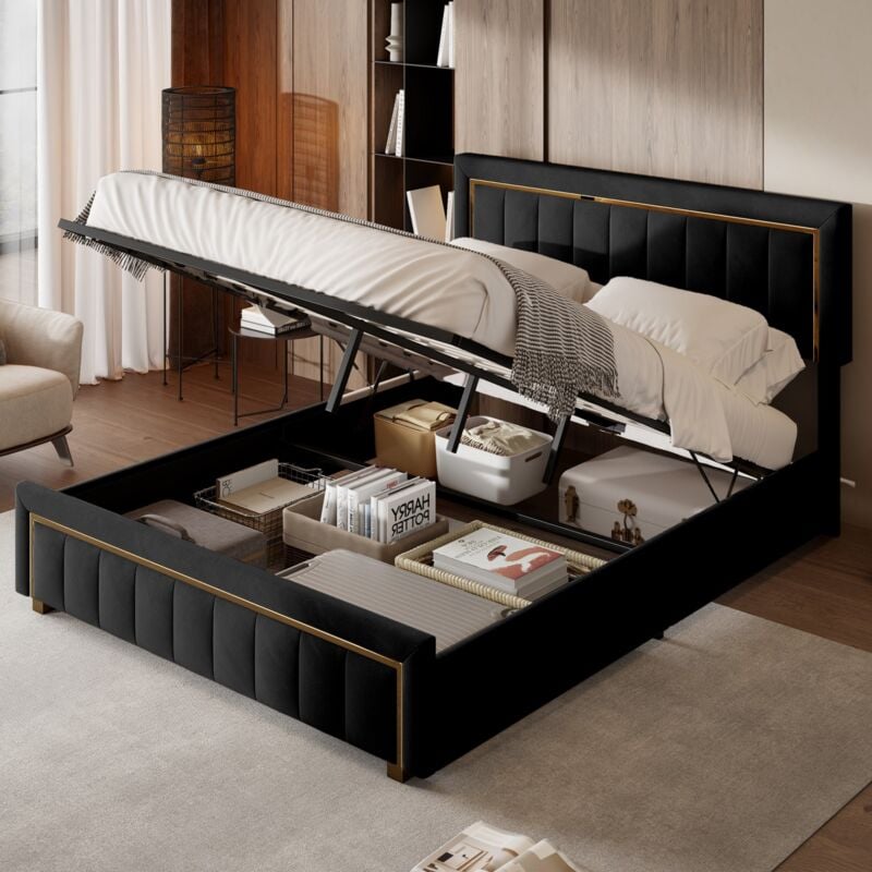 Bett mit Stauraum 140x200 cm mit Kopfteil mit vertikaler Struktur – Goldfarbenes Gestell – Samtstoff – gepolstertes Bett mit Stauraum – für