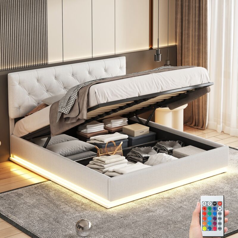 Bett mit Stauraum 160x200cm, mit LED-Beleuchtung, hydraulischem Stauraum, Lattenrost aus Holz, Metallrahmen, gepolstertem Bett aus Leinen - Beige
