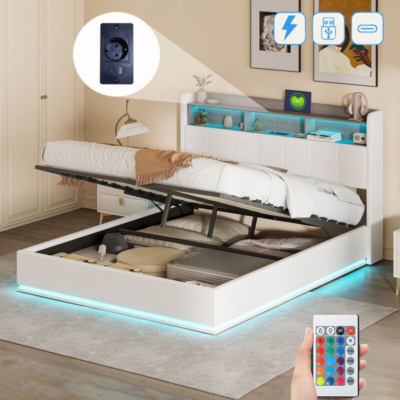 Bett mit Stauraum 140x200cm, mit LED, USB-A/C Ladeanschluss, 3 Regalen, hydraulischem Stauraum, Lattenrost aus Holz, gepolstertem Bett in Samt - Weiß