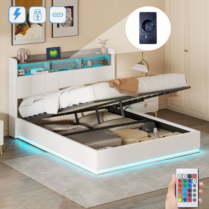 Bett mit Stauraum 160x200cm, mit led, usb-a/c Ladeanschluss, 3 Regalen, hydraulischem Stauraum, Lattenrost aus Holz, gepolstertem Bett in Samt - Weiß