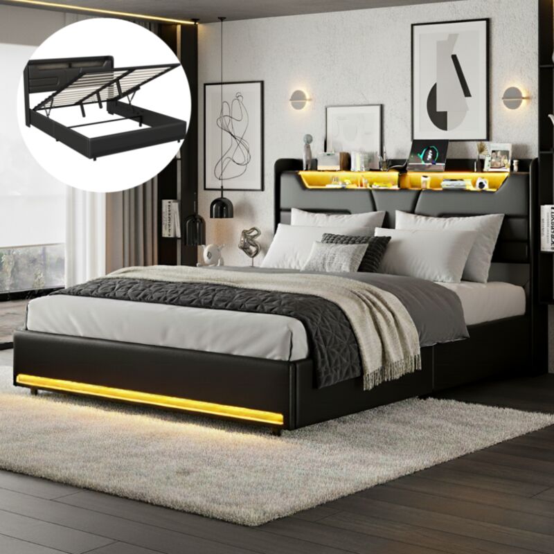 Bett mit Stauraum 160x200 cm – Bett 160x200 cm – mit einstellbarer LED-Beleuchtung – USB-Ladeanschluss – PU – hydraulischer Stauraum – Lattenrost –