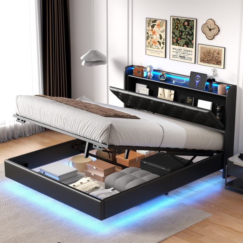 Bett mit Stauraum 160x200 cm – Bett 160x200 cm – mit LED-Beleuchtung – USB-Ladefunktion – Stauraum am Kopfende – PU – Lattenrost – für Erwachsene und