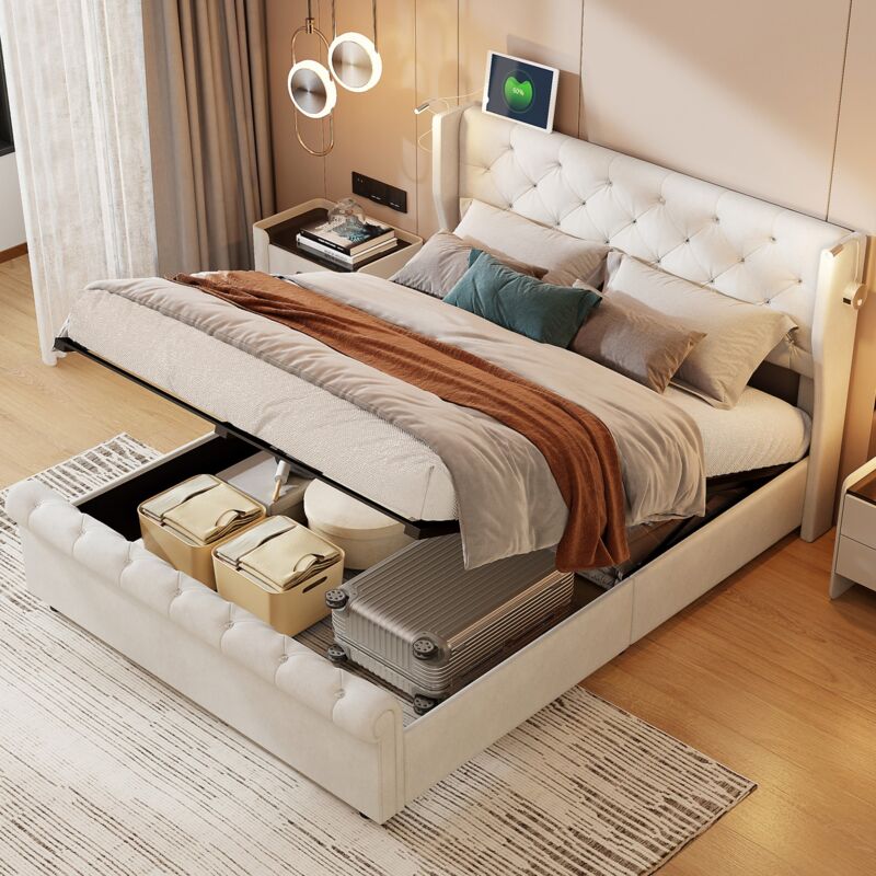 Bett mit Stauraum 160x200 cm mit gepolstertem hydraulischem Bett – Pneumatischer Stauraum – Nachttischlampe und USB-Anschluss – Samt – für Erwachsene