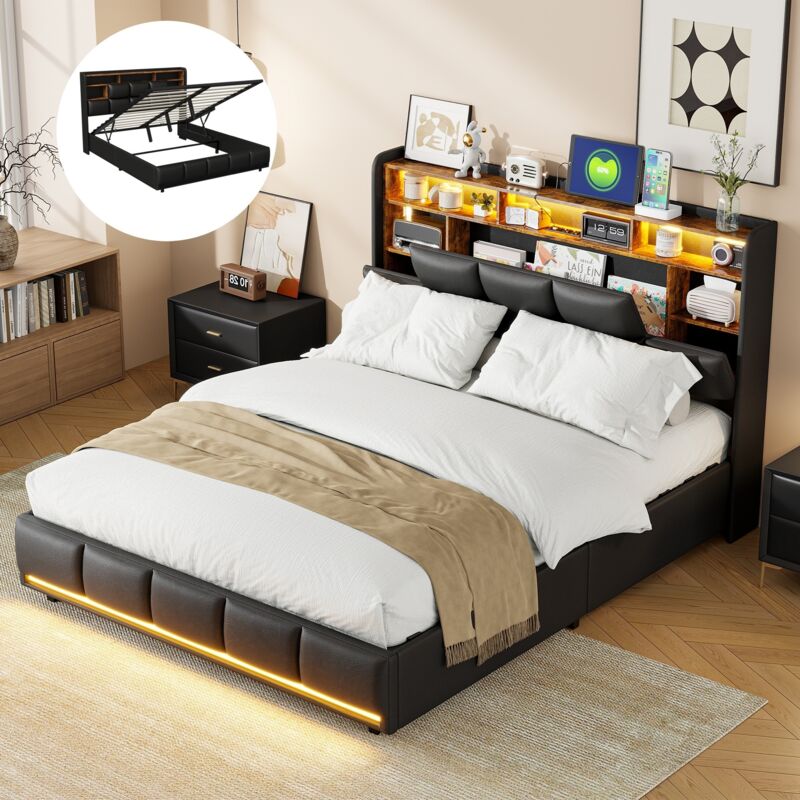 Bett mit Stauraum 140x200 cm – mit LED-Beleuchtung – USB-Ladefunktion – PU – 5 offene Staufächer – 3 versteckte Staufächer – hydraulisches Bett –