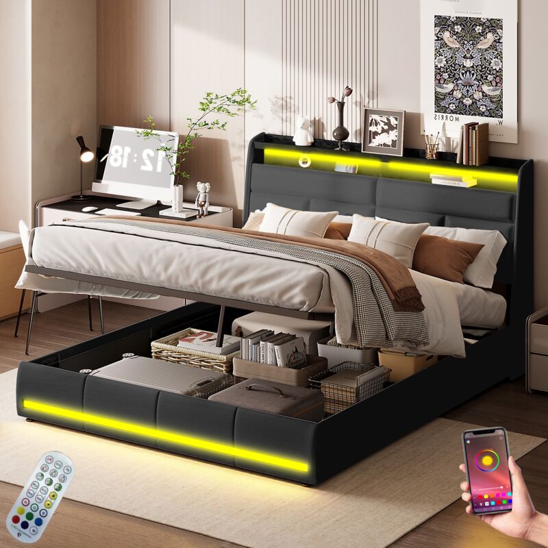 Bett mit Stauraum 140x200cm, mit LED, APP, hydraulischem Stauraum, Fernbedienung, Lattenrost, Metallrahmen, gepolstertes Bett aus Kunstleder - Schwarz