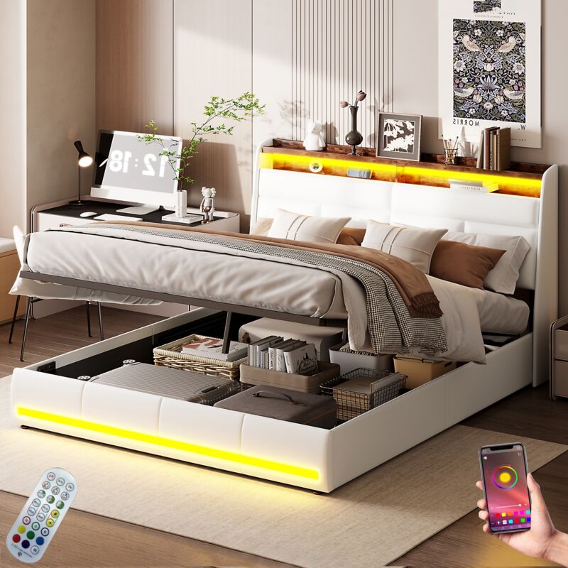 Bett mit Stauraum 160x200cm, mit LED, APP, hydraulischem Stauraum, Fernbedienung, Lattenrost, Metallrahmen, gepolstertes Bett aus Kunstleder - Weiß