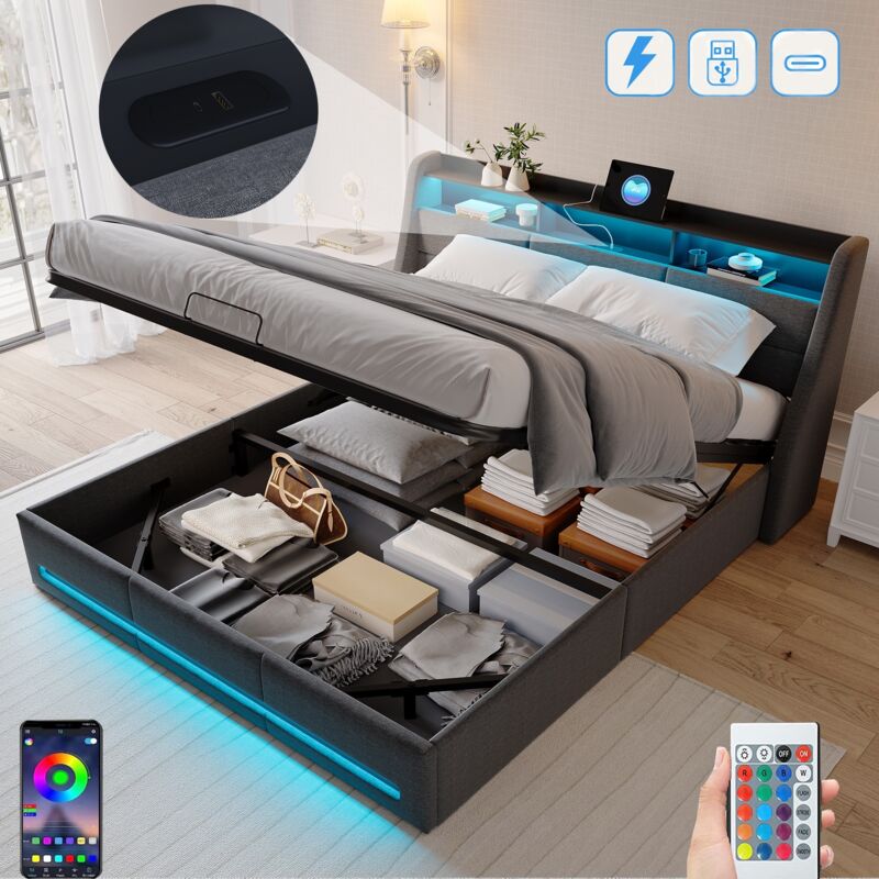 Bett mit Stauraum 160x200cm, mit LED-Beleuchtung, hydraulischem Stauraum, USB-A/C-Ladeanschluss, Lattenrost aus Holz, Metallrahmen, gepolstertem Bett