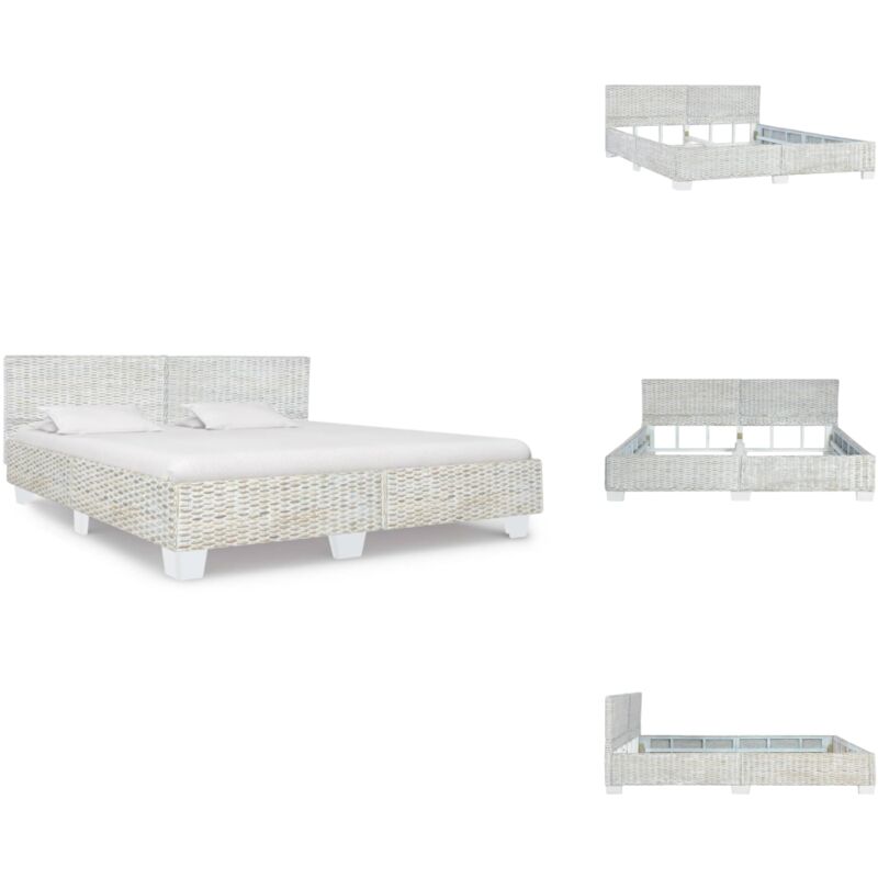 Bett Grau Natur Rattan 180x200 cm - Rattan Bett - Massivholz Bett - Mahagoni Bett - Mangoholz Bett - Doppelbett