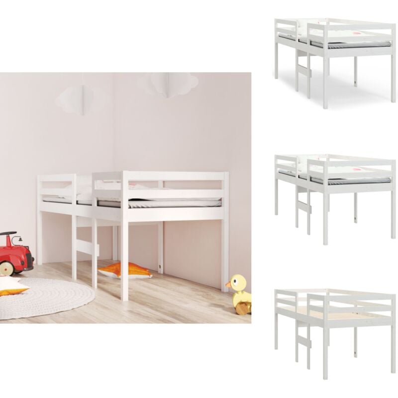 Hochbett Weiß 90x190 cm Massivholz Kiefer - Kinderbett - Hochbett - Jugendzimmer - Weißes Bett - Kiefernholzbett
