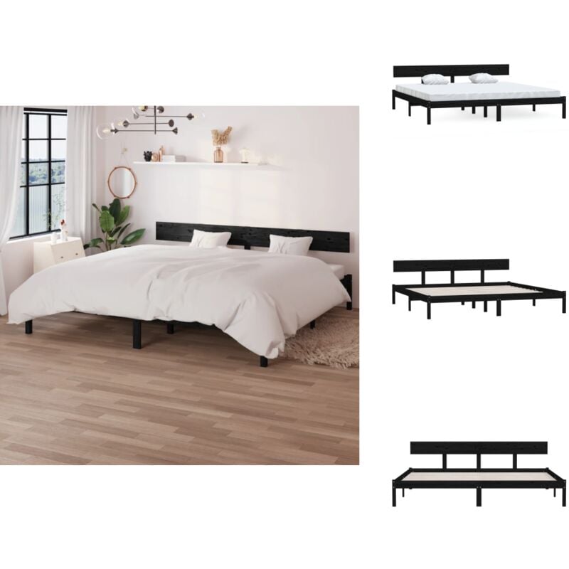 Massivholzbett Schwarz Kiefer 180x200 cm - Holzbett - Doppelbett - Kiefer Massiv - Schwarzes Bett - Bett Mit Kopfteil