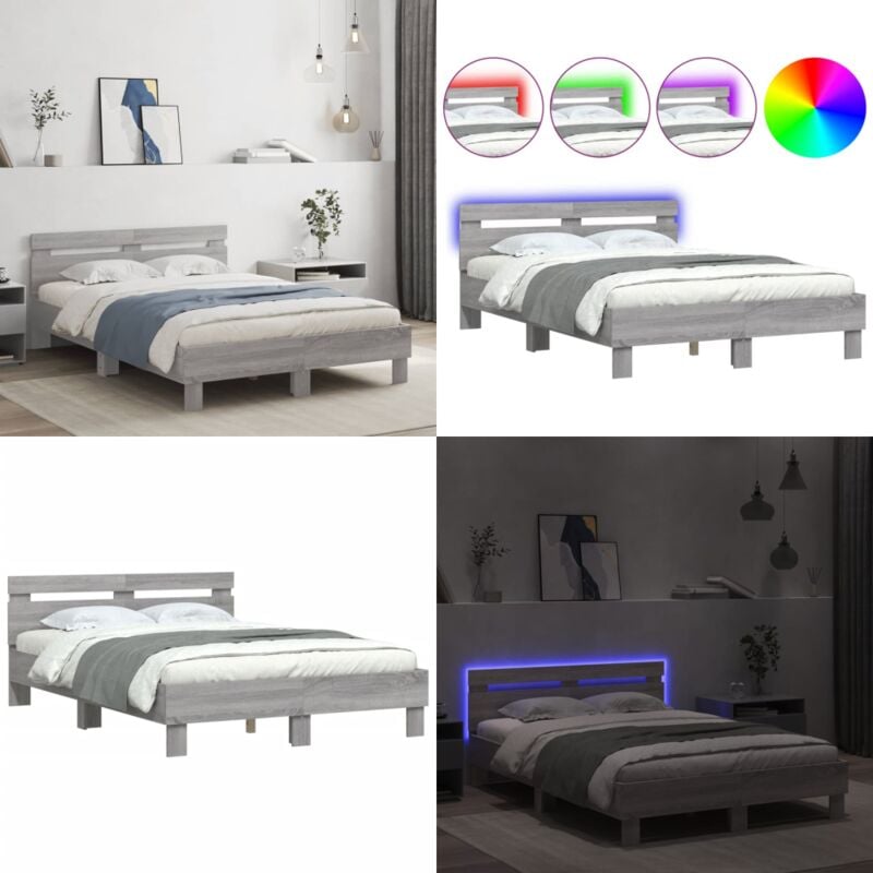 Bettgestell mit Kopfteil LED-Beleuchtung Grau Sonoma 120x200 cm - Bettsystem - Holzbettfundament - Doppelbett - Boxspringbett - Beleuchtung - Home &