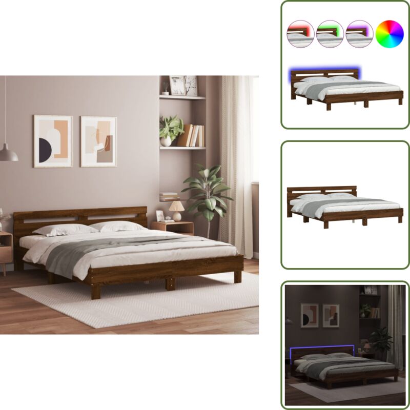 Bettgestell mit Kopfteil und LED-Beleuchtung Braun Eiche-Optik - Holzbettfassungen - Bettsystem - Doppelbett - Boxspringbett - Beleuchtung Im
