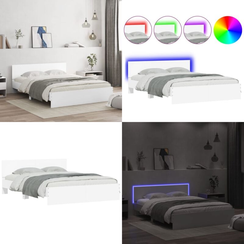 Bettgestell mit Kopfteil und LED-Beleuchtung Weiß 160x200 cm - Bettsystem - Doppelbett - Holzbettfassungen - Weißes Bett - led Beleuchtung - Home &