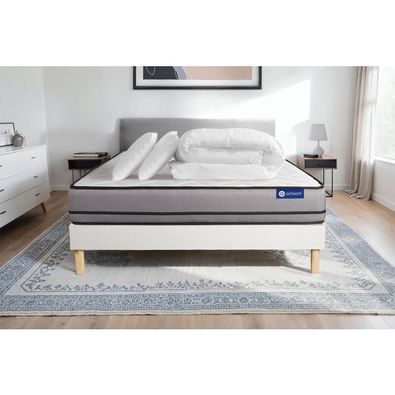 Komplettpaket Bett - Matratze 180x200 cm + Boxspringbett mit Lattenrost (im Set) + 2 Kopfkissen + Bettdecke - Actimemo Night