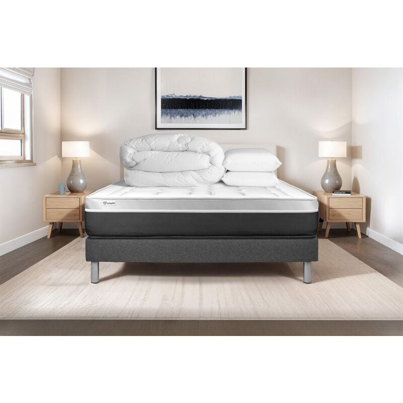 Komplettpaket Bett - Matratze 180x200 cm + Boxspringbett mit Lattenrost (im Set) + 2 Kopfkissen + Bettdecke - Vital Soft