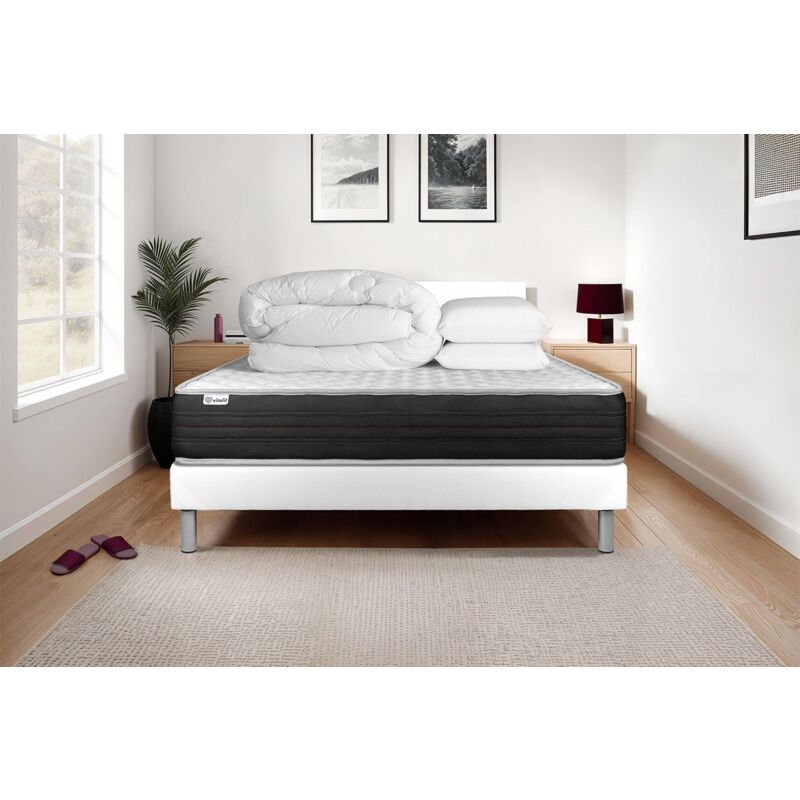 Komplettpaket Bett - Matratze 180x200 cm + Boxspringbett mit Lattenrost (im Set) + 2 Kopfkissen + Bettdecke - Vitalmemo One