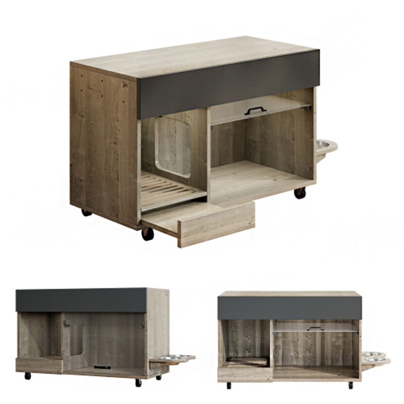 Bewegbarer Katzenkloschrank (Katzentoilettenschrank) – mit Katzenfuttertellern, Sandauffangschale, Lochplatte mit Hakenlöchern, ohne Katzenklo,