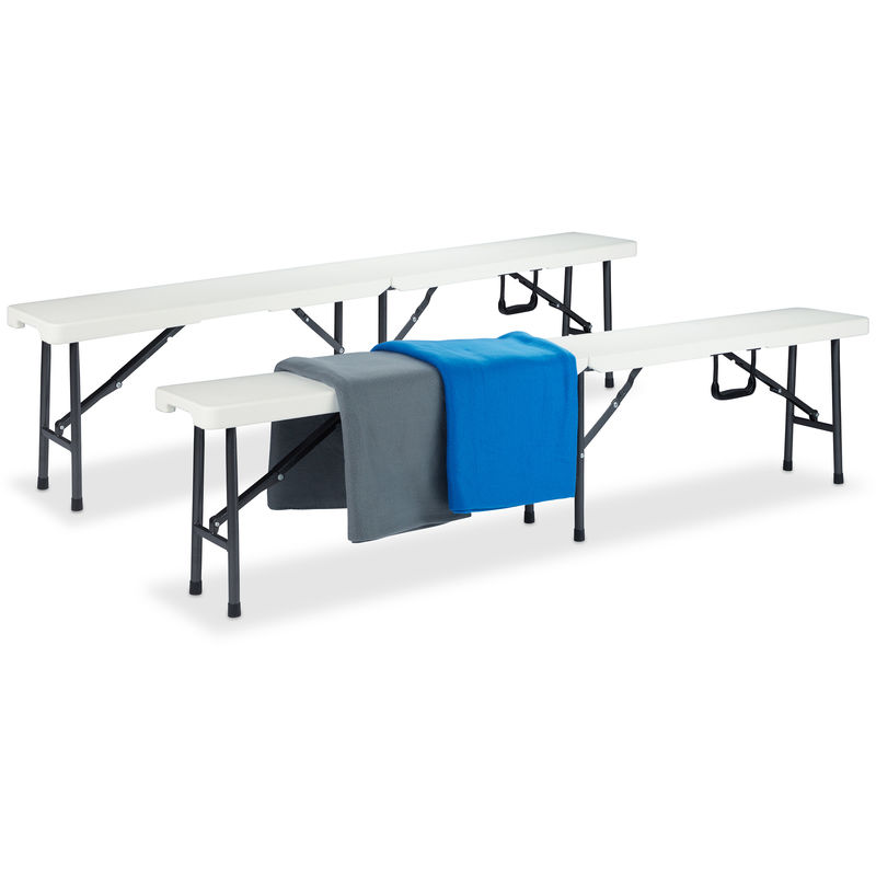 Bierbank 2er Set, Bierzeltgarnitur, klappbar, Kofferfunktion, Pflegeleicht, Kunststoff, hbt: 42x180x25cm, weiß - Relaxdays