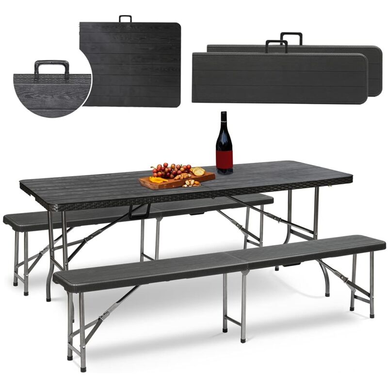 Bierzeltgarnitur 3-teilig Set Bierzeltgarnitur Klappbar Gartenmöbel Set Tragbar Schwarz, (3-tlg), 180cm Bierbänke und 2 Bierbänke, mit Holz und