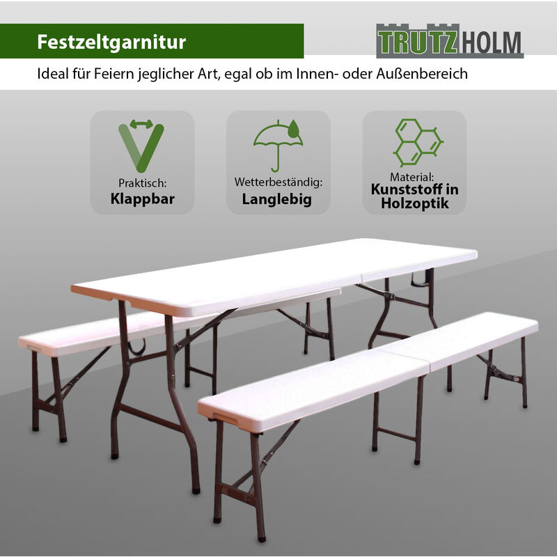 Trutzholm ® - Bierzeltgarnitur 3 teilig weiß Festzeltgarnitur 180x75cm klappbar Gartenmöbelset 2 Bierbänke 1Tisch