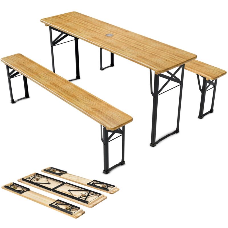 Juskys - Bierzeltgarnitur Bichl 3-teilig klappbar - Gartenmöbel-Set aus 1 Biertisch + 2 Bierbänke – Festzeltgarnitur Biertischgarnitur Holz Metall