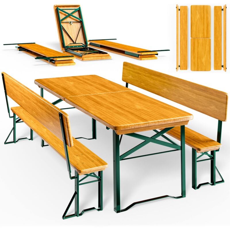 CASARIA® Bierzeltgarnitur mit Lehne 170cm Klappbar Stabil 2x Bierbank 1x Breiter Tisch Holz Biertischgarnitur Festzeltgarnitur Biergartengarnitur