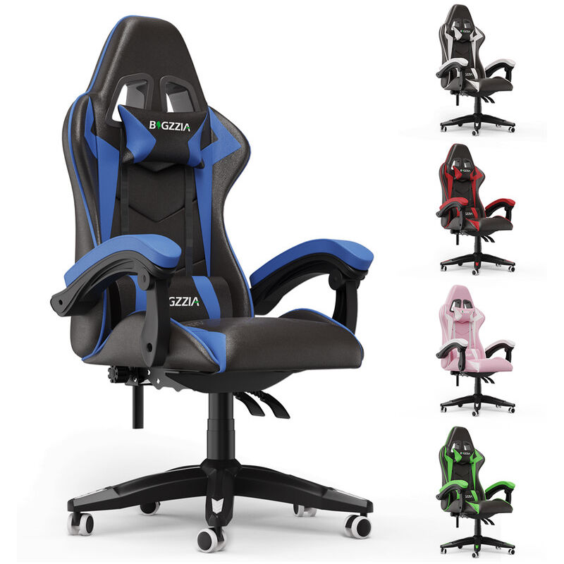 Bürostuhl Gaming Stuhl Gaming Sessel Ergonomischer Gamer Stuhl mit Kopfstütze Lendenkissen, Gepolstert Gaming Chair, Drehsessel Blau Bigzzia