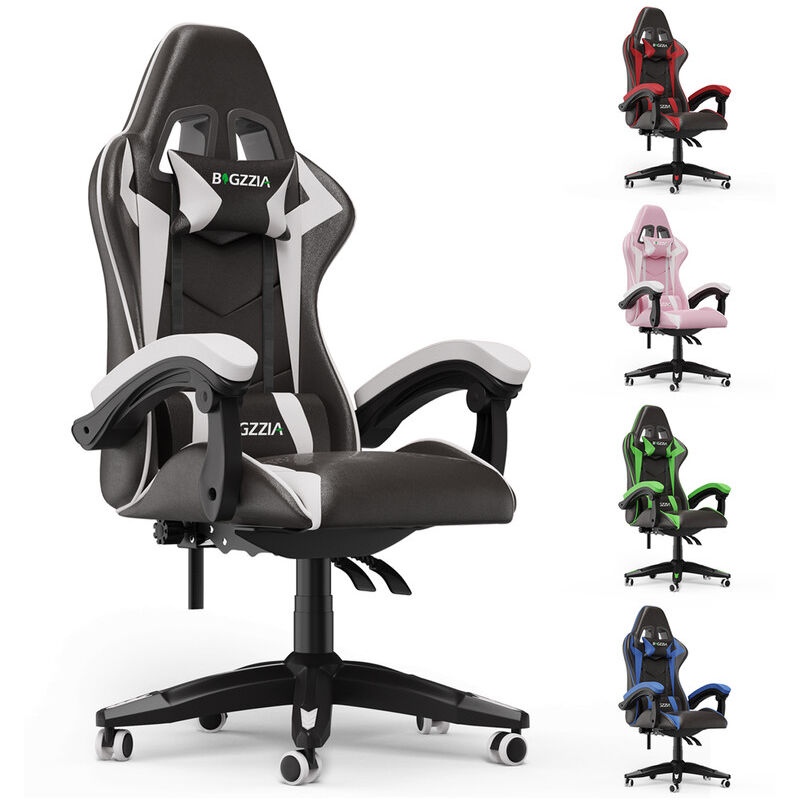 Bürostuhl Gaming Stuhl Gaming Sessel Ergonomischer Gamer Stuhl mit Kopfstütze Lendenkissen, Gepolstert Gaming Chair, Drehsessel Weiß Bigzzia