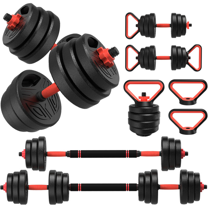 BIGZZIA Verstellbare Hanteln - 4 in 1, XXL Hantel, Zement, Kunststoff, 20 kg, Schwarz und Orange/Rot - Krafttraining, Hantelset, Home Gym, Fitness Kit