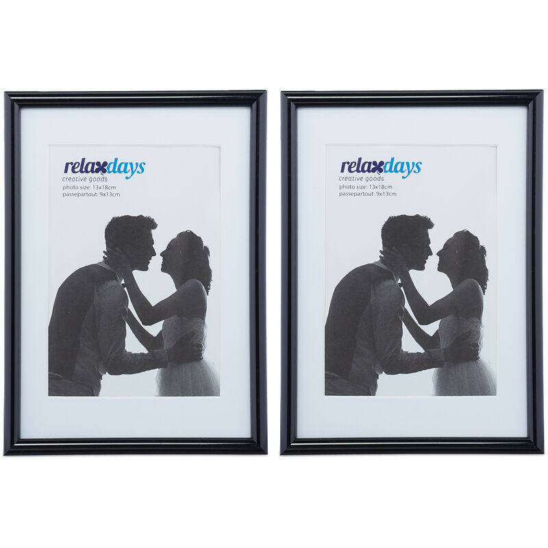 Relaxdays - Bilderrahmen 2er Set, 13x18 cm, Passepartout 9x13 cm, Glasscheibe, Fotorahmen zum Stellen & Hinhängen, schwarz