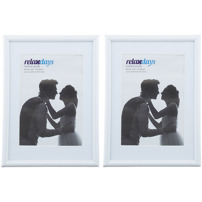 Relaxdays Bilderrahmen 2er Set, 13x18 cm, Passepartout 9x13 cm, Glasscheibe, Fotorahmen zum Stellen & Hinhängen, weiß
