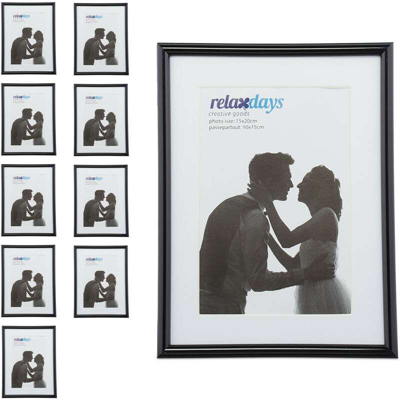 10 x Bilderrahmen 15 x 20 cm, Passepartout 10 x 15 cm, zum Hinstellen oder Aufhängen, vintage Dekobilderrahmen, schwarz