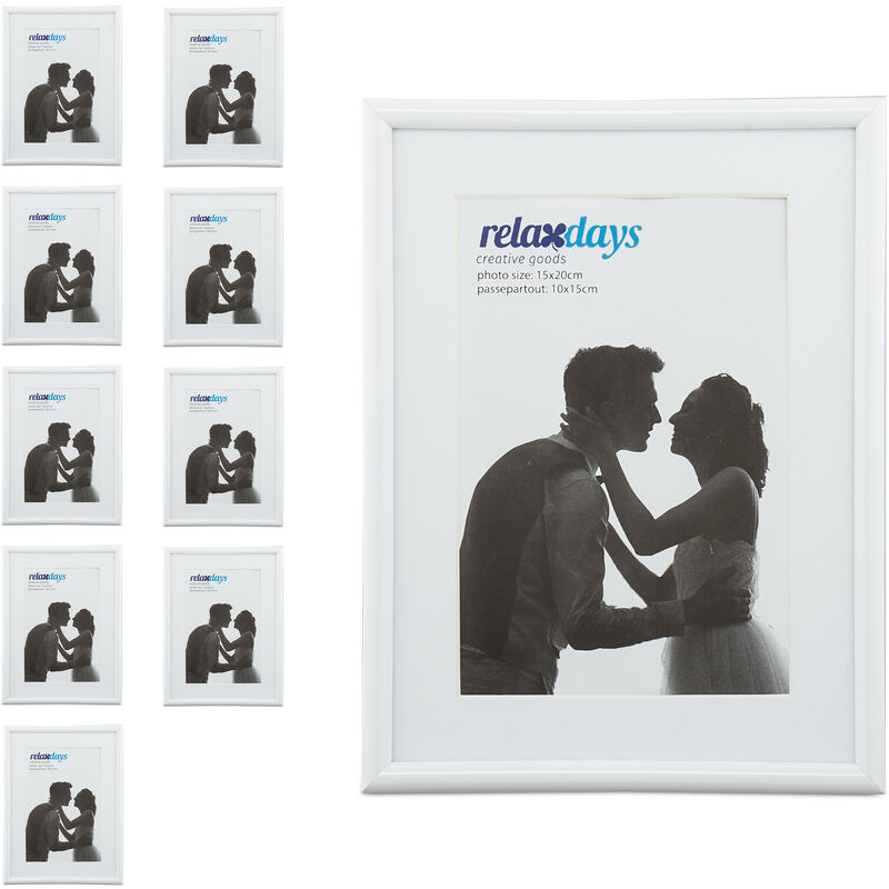 10 x Bilderrahmen 15x20 cm, Passepartout 10x15 cm, Hinstellen & Aufhängen, dekorativer vintage Wechselbilderrahmen, weiß
