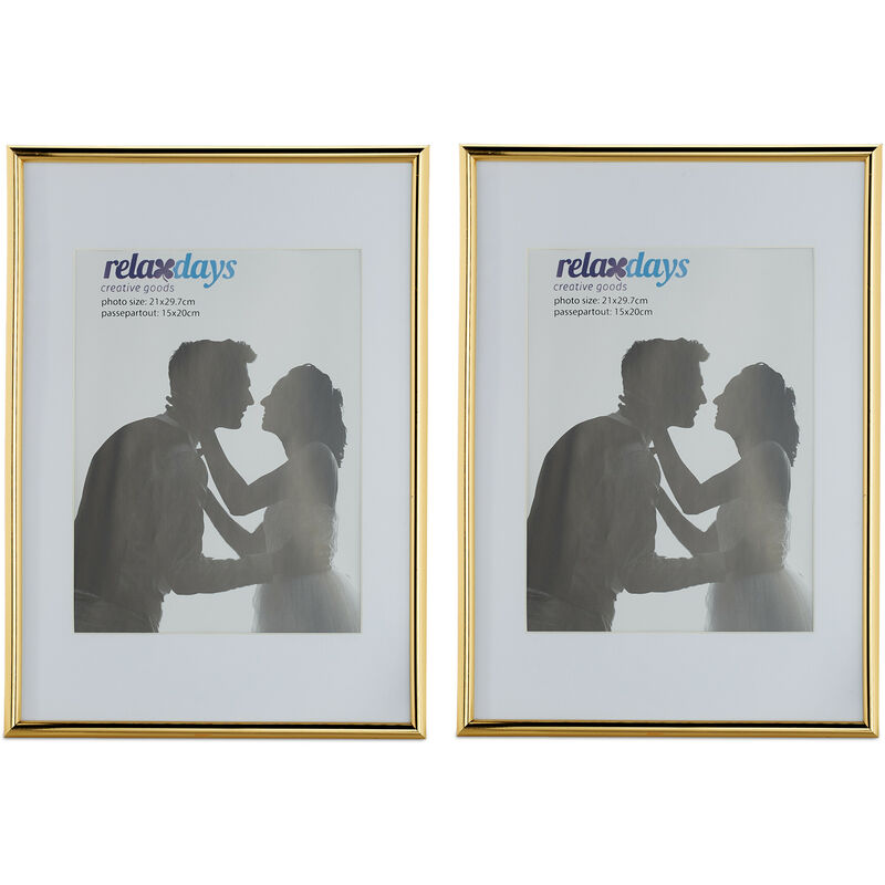 Relaxdays - Bilderrahmen 2er Set, 20x30 cm, Passepartout 15x20 cm, Glasscheibe, Fotorahmen zum Stellen & Hinhängen, gold