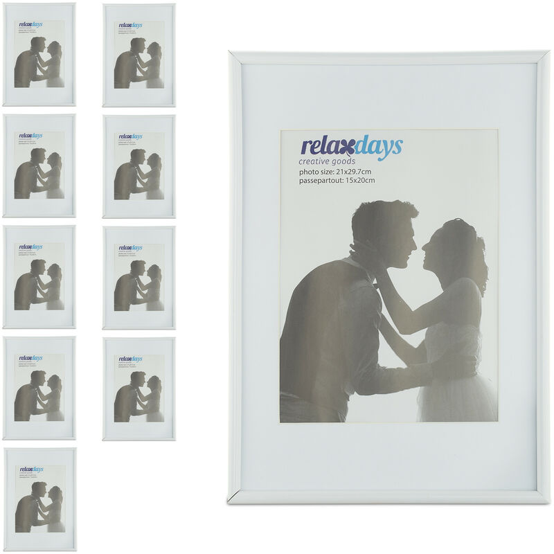 10 x Bilderrahmen 20x30 cm, Passepartout 15x20 cm, schlichter Fotorahmen zum Stellen o. Hinhängen, aus Kunststoff, weiß
