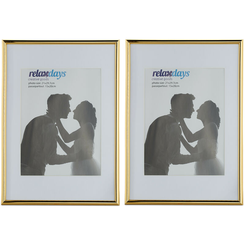 Relaxdays Bilderrahmen 2er Set, Din A4, Passepartout 15x20 cm, Glasscheibe, Fotorahmen zum Stellen oder Hinhängen, gold