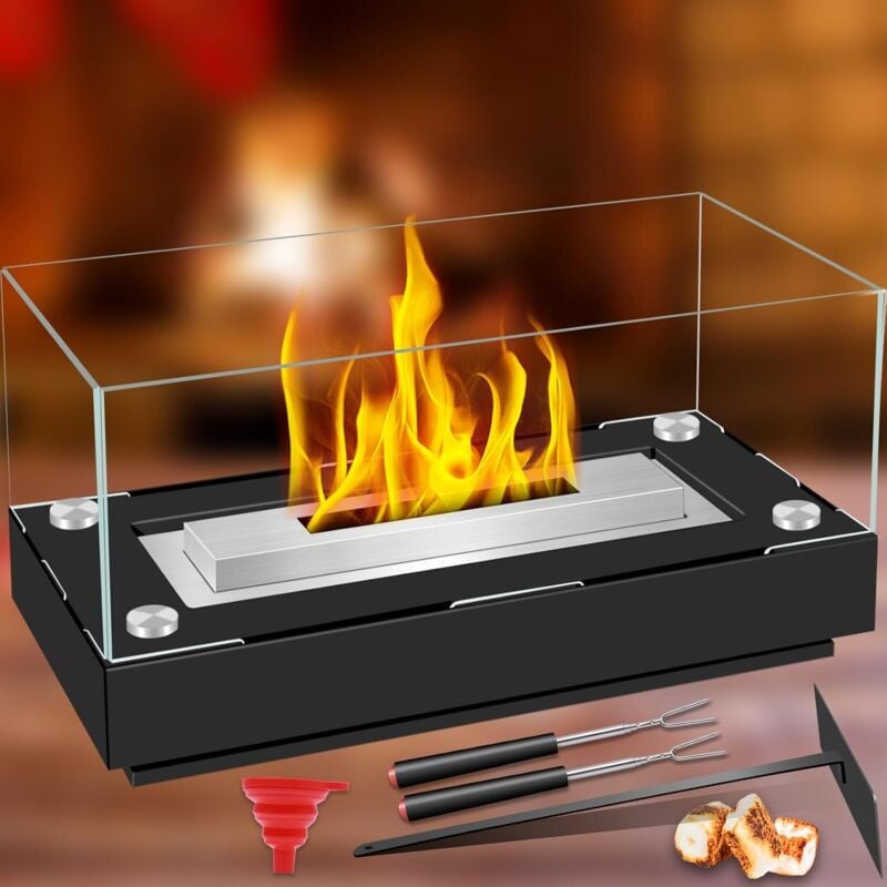 Bio-Ethanol-Tischkamin, Ethanol-Kamin für drinnen und draußen, dekorativer Kamin mit 4-seitigem Glas, als Geschenk für Freunde und Familie – Schwarz