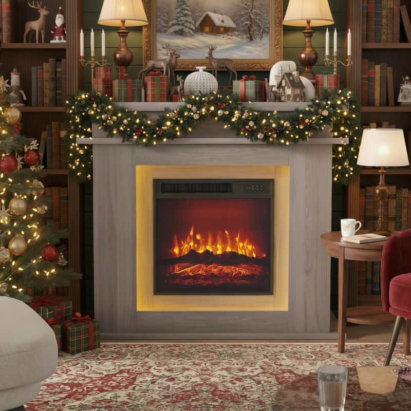 Bioethanol-Kamin mit farbiger 3D-Flamme und einstellbarem LED-Licht – 101x34x88 cm, moderner Kamin für das Wohnzimmer – Grau