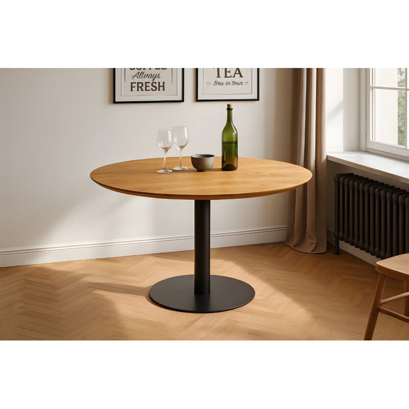 Bistrotisch Schweizer Kante massiv 100 cm Akazie naturfarben Säulengestell-rund schwarz BRASILIAN