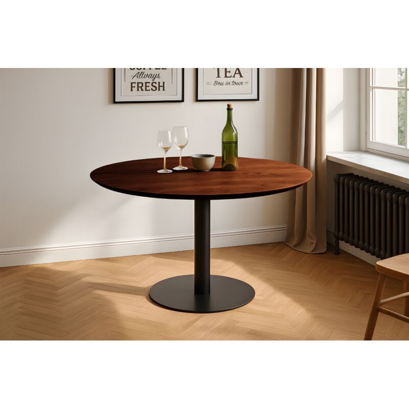 Bistrotisch Schweizer Kante massiv 90 cm Akazie nussbaumfarben Säulengestell-rund schwarz BRASILIAN