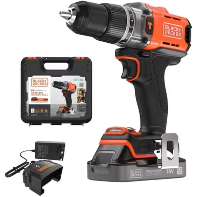 Black+decker Werkzeug - 18V Akku-Schlagbohrmaschine, 1x 2,0 Ah Li-Ion Akku, Ladegerät BCD383D1XK-QW