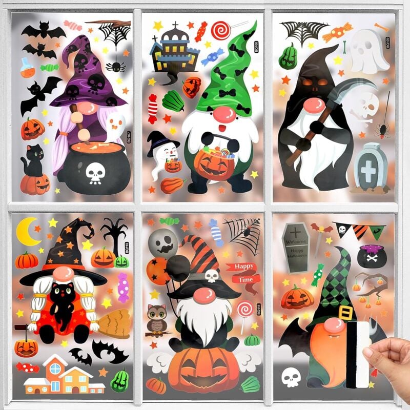 Blatt Halloween-Fensteraufkleber, doppelseitiger wiederverwendbarer Halloween-Fensteraufkleber, Kürbisse, Fledermäuse, Geister,