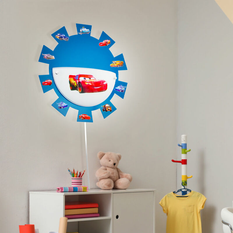 Etc-shop - Kinderzimmerleuchte Spielzimmerlampe Wandleuchte Wandlampe Kinderleuchte, Cars Sticker Stahl Glas weiß blau, 1x E27 Fassung, DxH 35x8cm