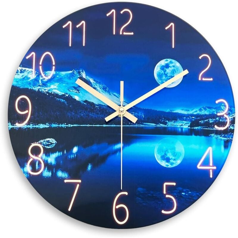 KZQ - Blaue Wanduhr für Schlafzimmer, 12 Zoll, Naturlandschaft, rund, analog, batteriebetrieben, Mond-Wanduhr, tickt nicht, 30 cm