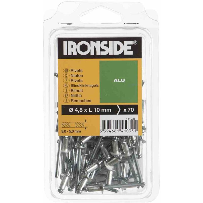 Ironside - Blindnieten 4,8x10mm Alu 70 Stück Nieten Dichtnieten Befestigung Nägel Schrauben